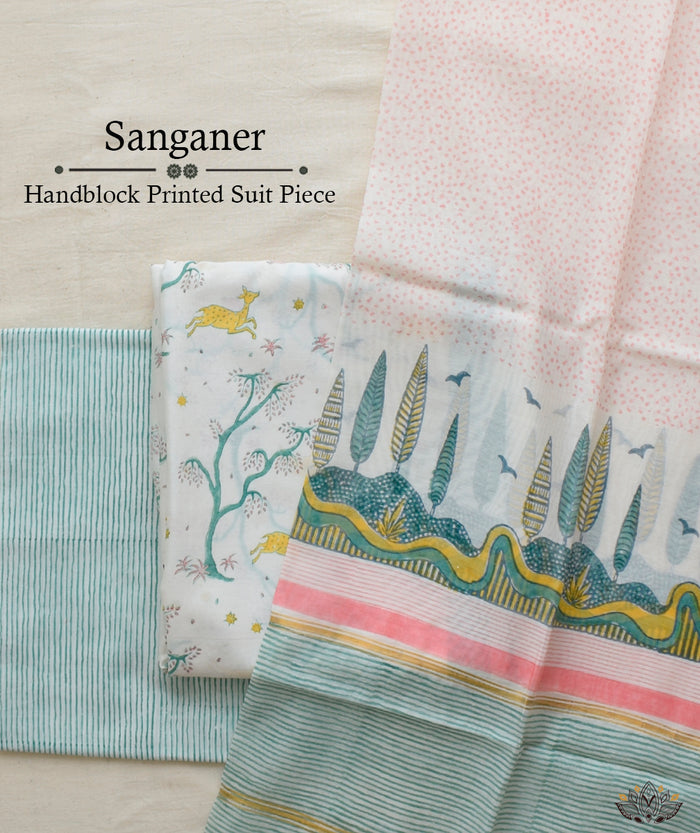 Exclusive Amounee Sangneer Hand Block Printed Chanderi Suit Piece with Chanderi Dupatta