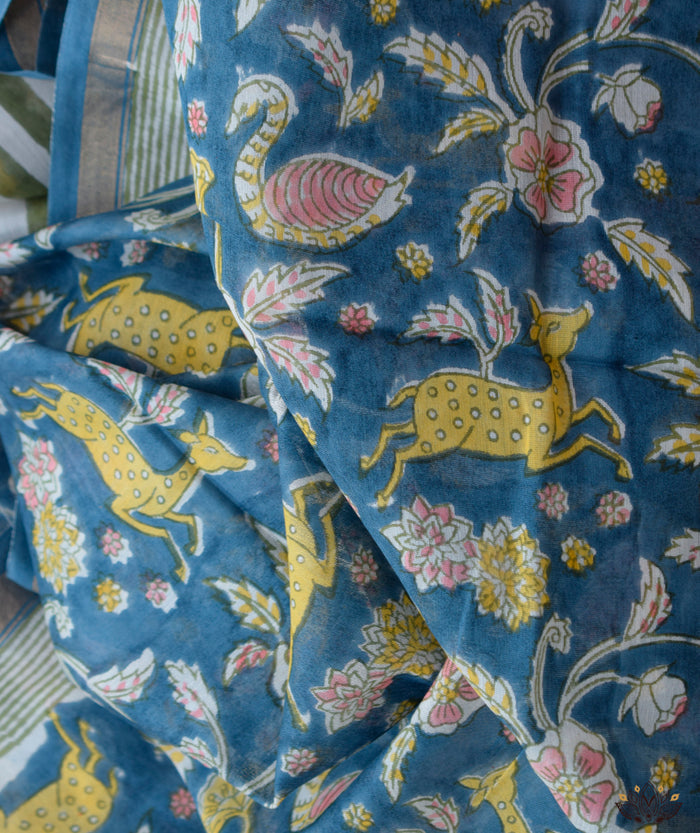 Exclusive Amounee Sangneer Hand Block Printed Chanderi Suit Piece with Chanderi Dupatta