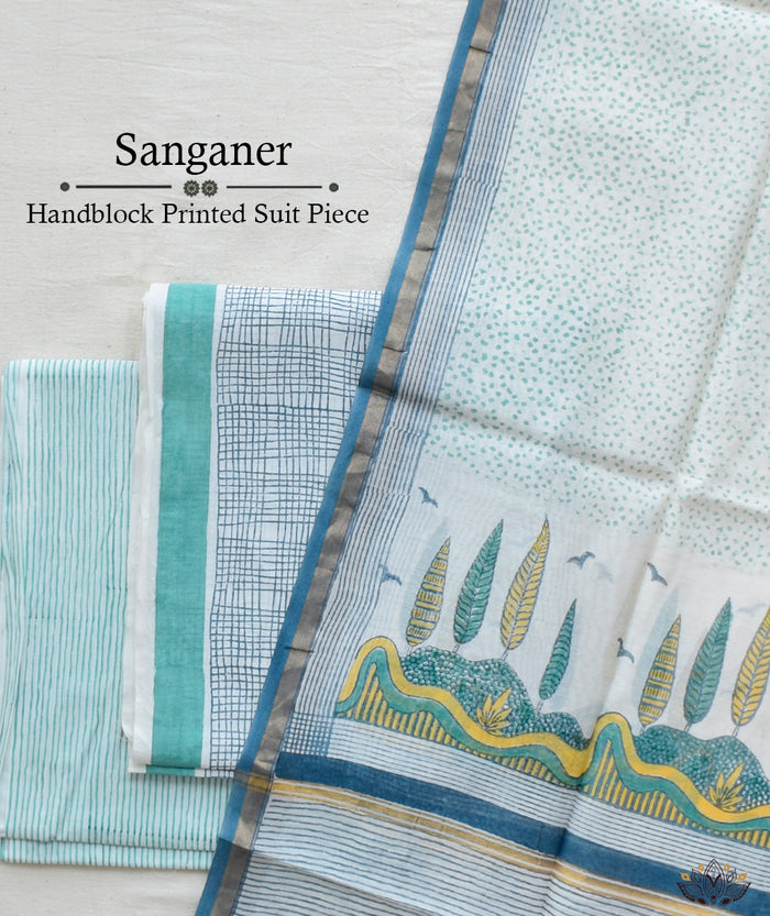 Exclusive Amounee Sangneer Hand Block Printed Chanderi Suit Piece with Chanderi Dupatta