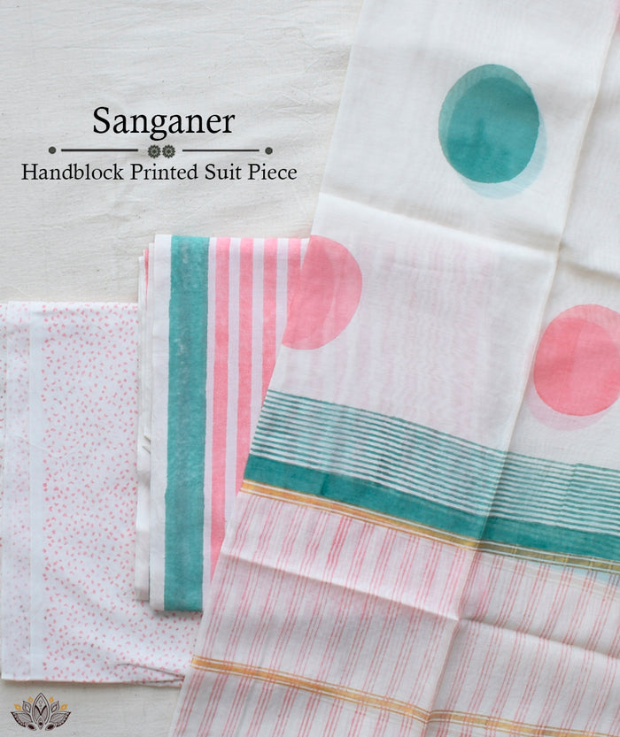Exclusive Amounee Sangneer Hand Block Printed Chanderi Suit Piece with Chanderi Dupatta