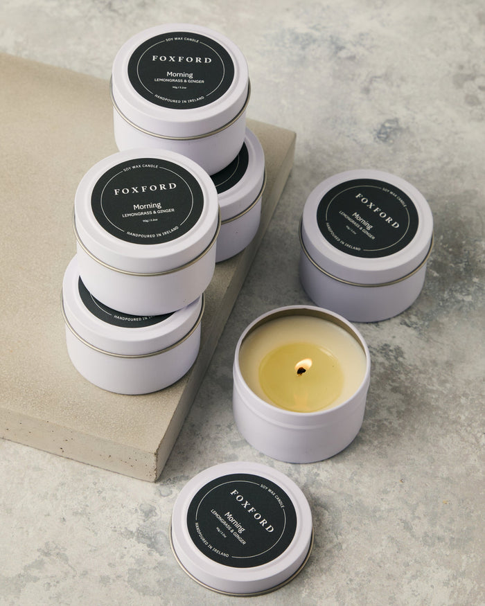 Foxford Morning Travel Candle in tin with lemongrass and ginger scent, Irish-made soy wax candle for morning calm