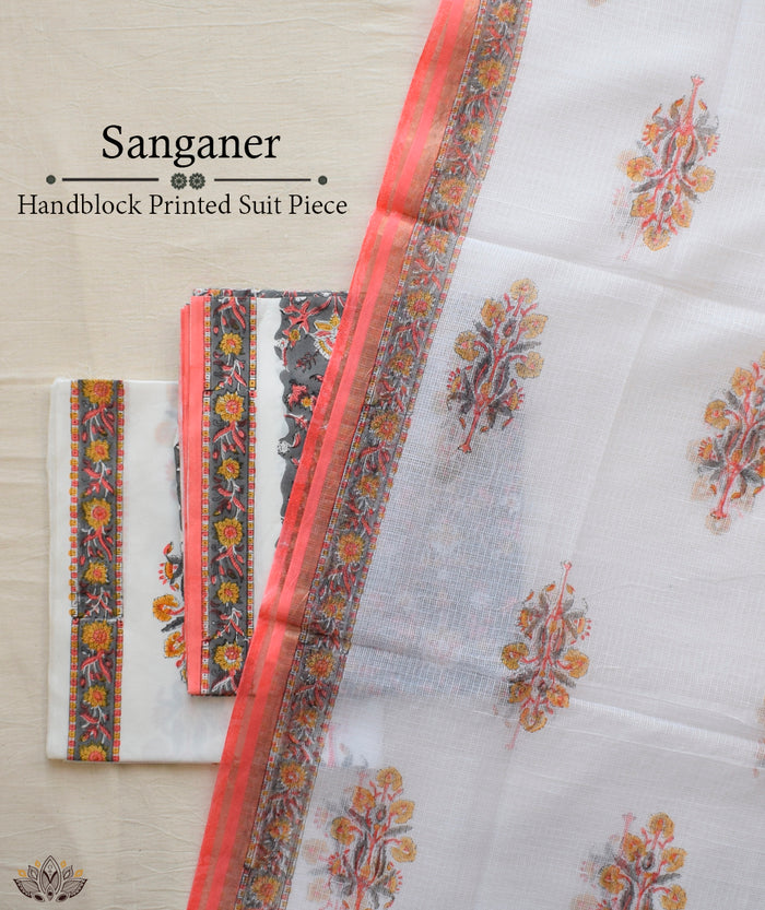 HANDBLOCK PRINTED SANGANEER COTTON SUITS WITH KOTA DUPATTA