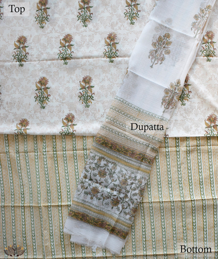 HANDBLOCK PRINTED SANGANEER COTTON SUITS WITH KOTA DUPATTA