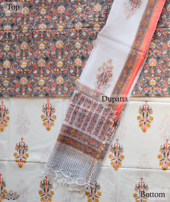 HANDBLOCK PRINTED SANGANEER COTTON SUITS WITH KOTA DUPATTA