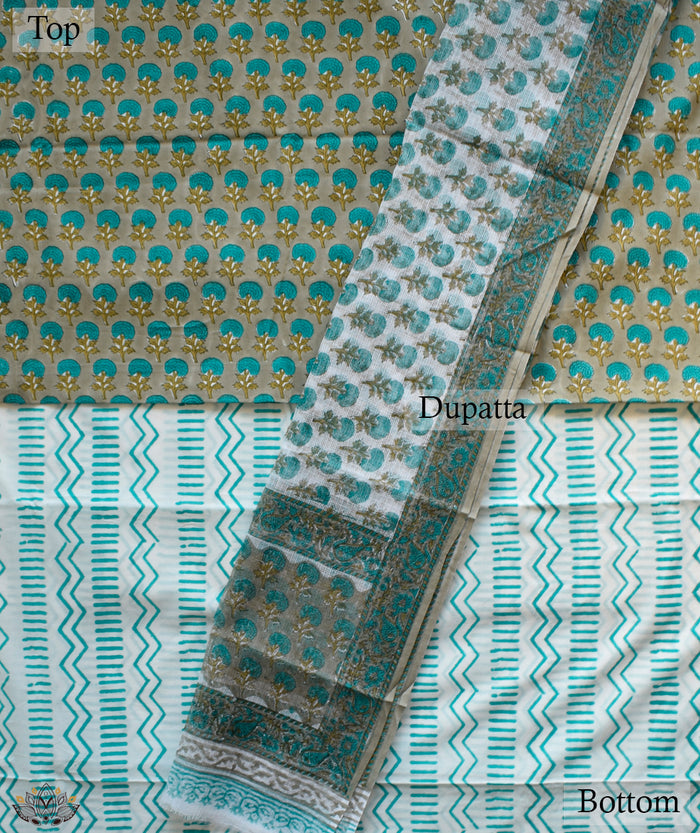 HANDBLOCK PRINTED SANGANEER COTTON SUITS WITH KOTA DUPATTA