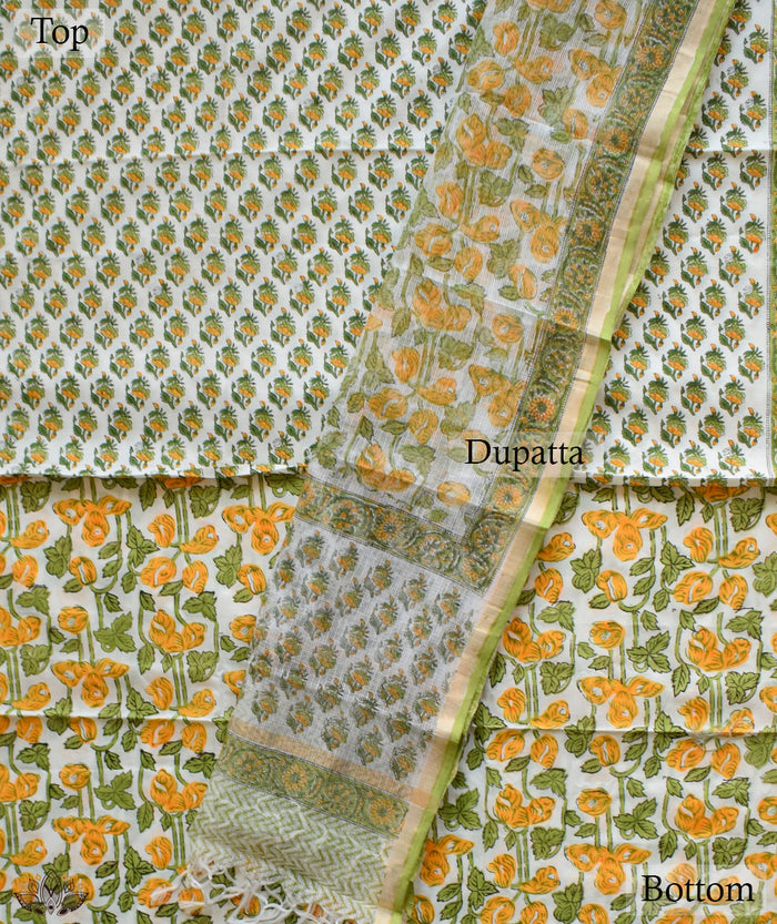 HANDBLOCK PRINTED SANGANEER COTTON SUITS WITH KOTA DUPATTA