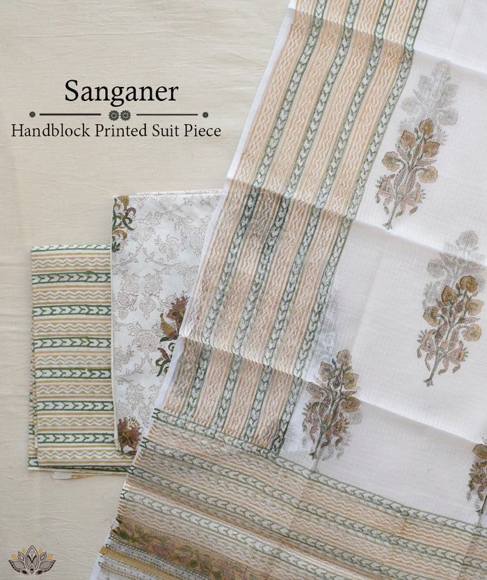 HANDBLOCK PRINTED SANGANEER COTTON SUITS WITH KOTA DUPATTA