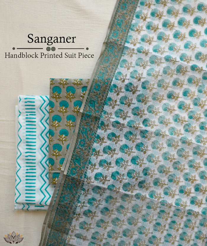 HANDBLOCK PRINTED SANGANEER COTTON SUITS WITH KOTA DUPATTA