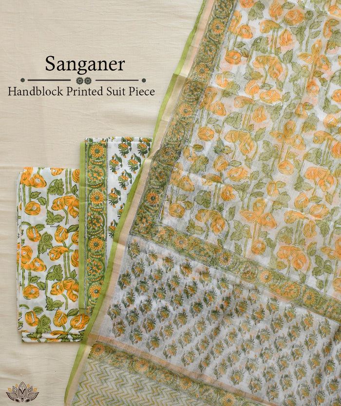HANDBLOCK PRINTED SANGANEER COTTON SUITS WITH KOTA DUPATTA