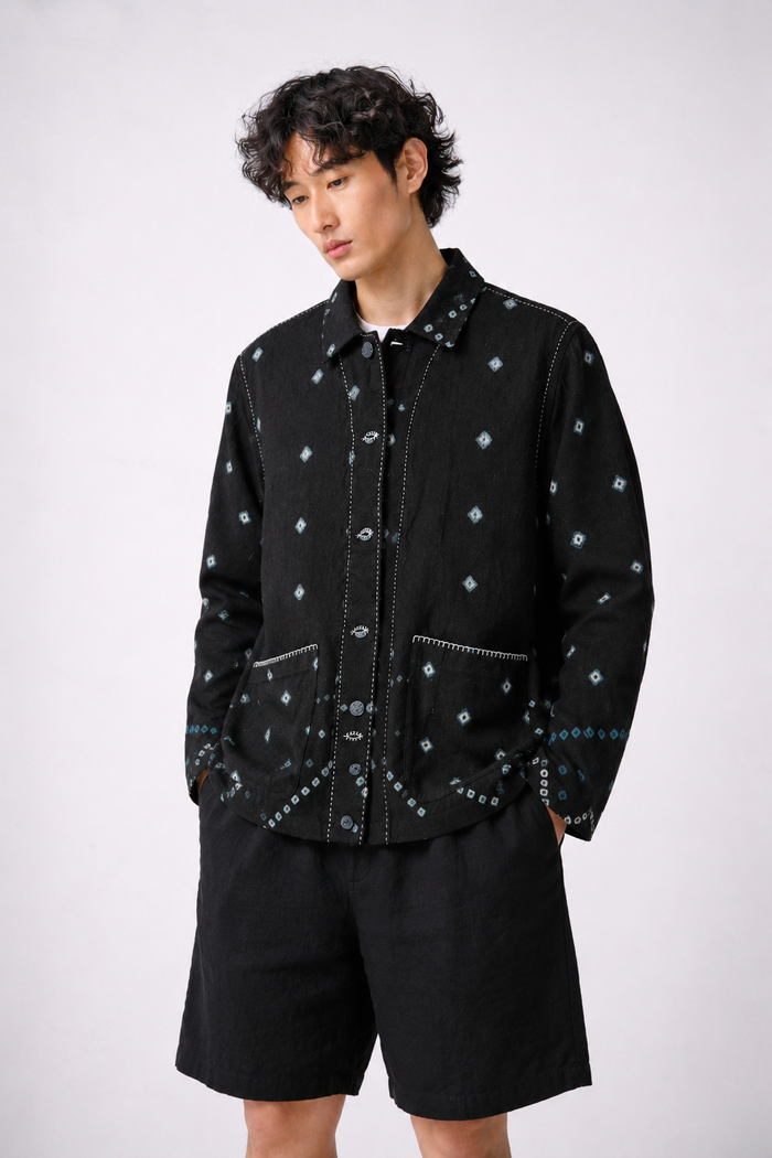 Handwoven Acrylic Bandhini Shacket —Black