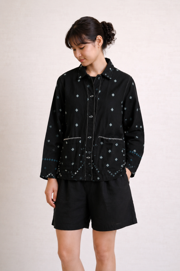 Handwoven Acrylic Bandhini Shacket —Black