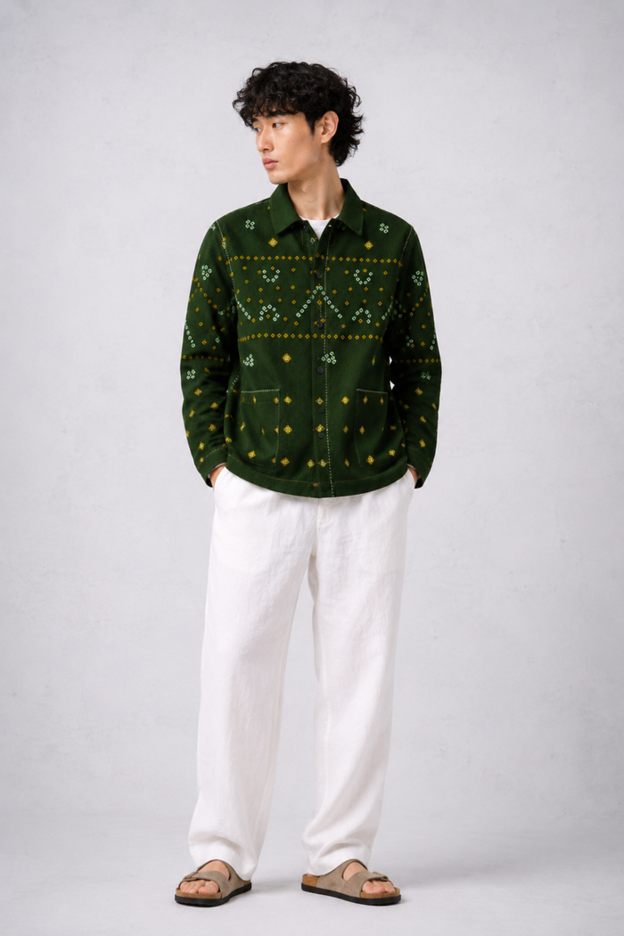 Handwoven Acrylic Bandhini Shacket — Green