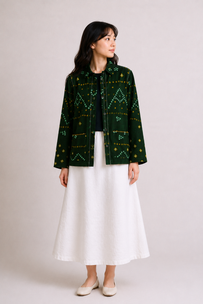 Handwoven Acrylic Bandhini Shacket — Green