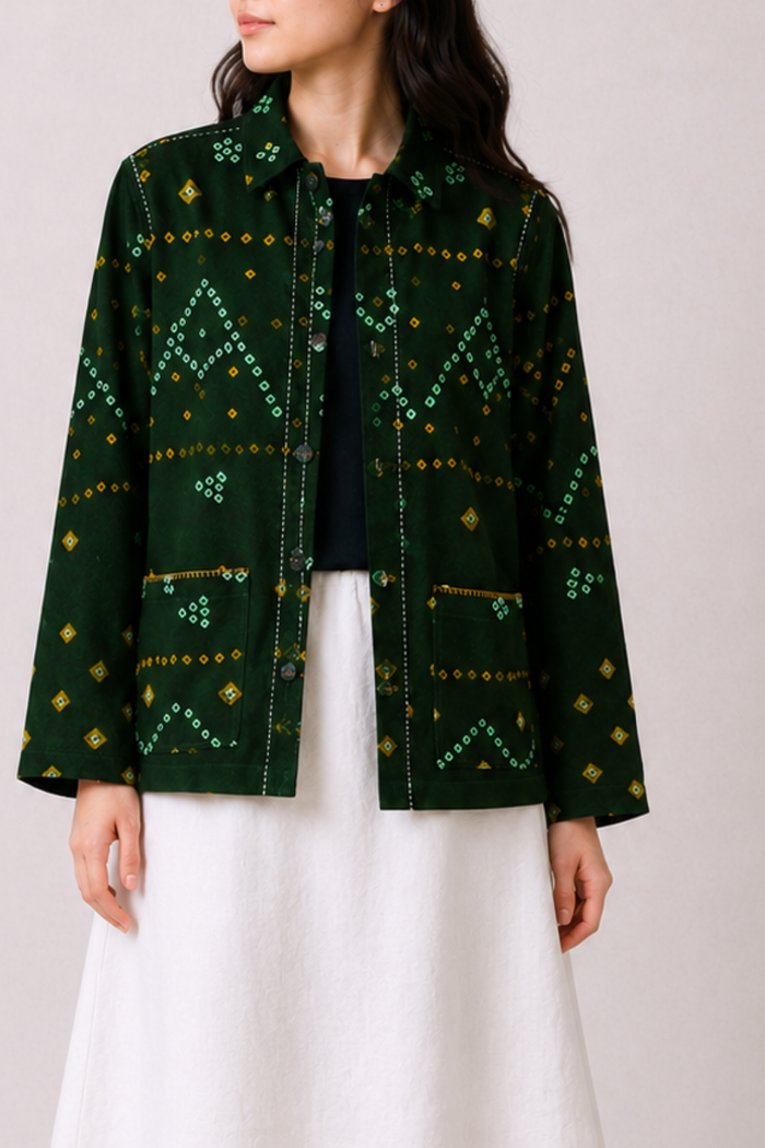 Handwoven Acrylic Bandhini Shacket — Green