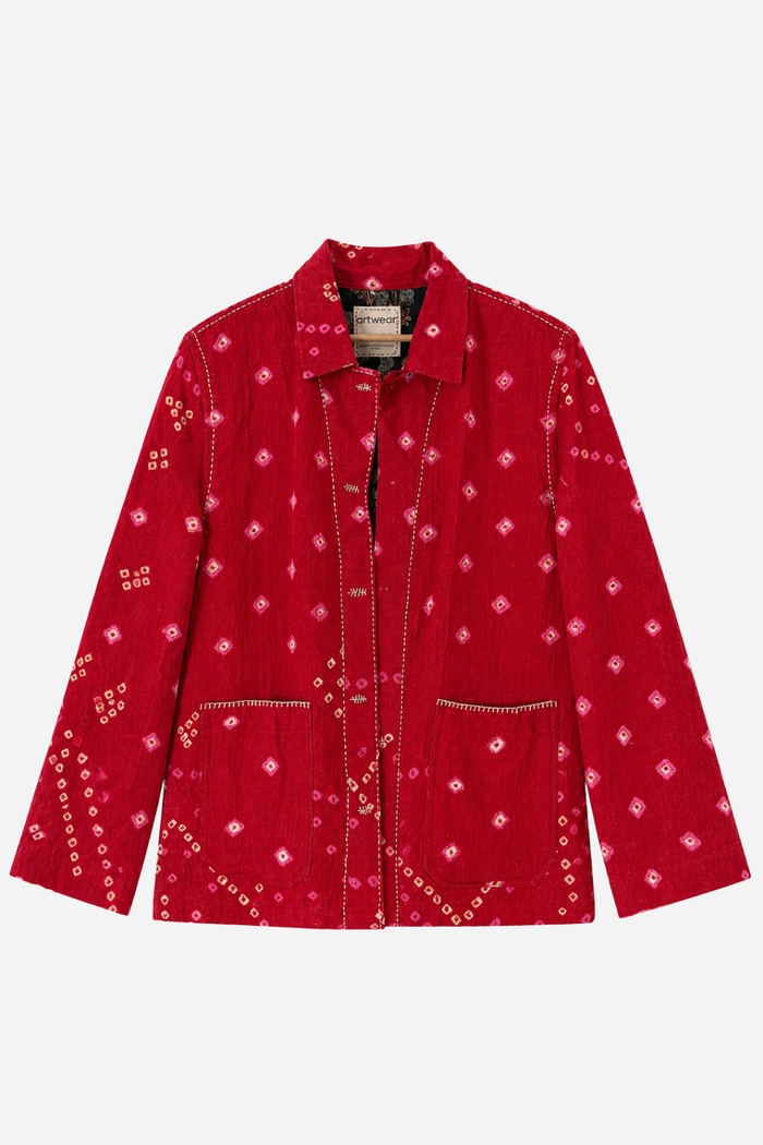 Handwoven Acrylic Bandhini Shacket — Red