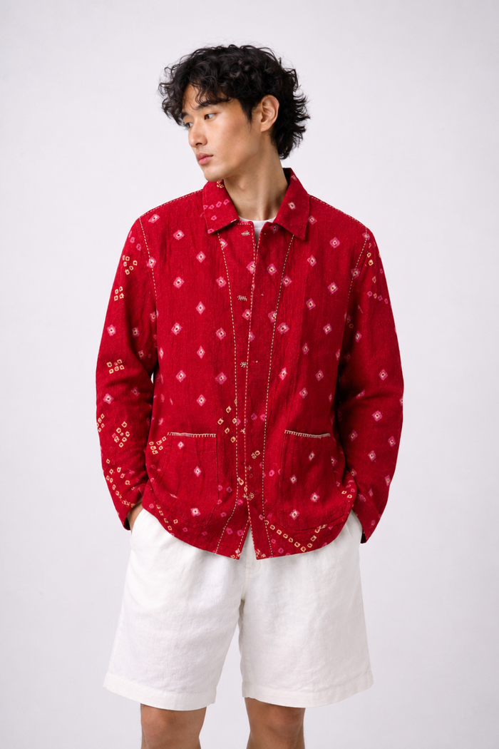 Handwoven Acrylic Bandhini Shacket — Red