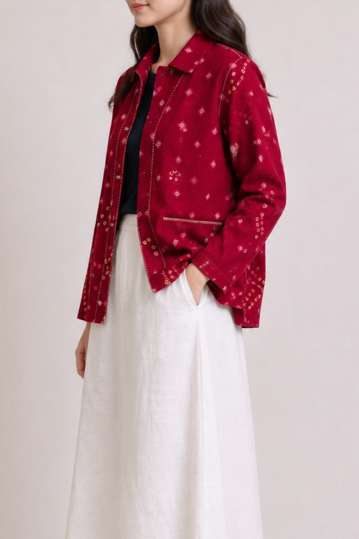 Handwoven Acrylic Bandhini Shacket — Red