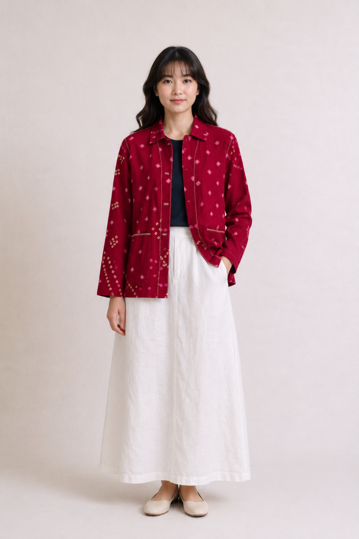 Handwoven Acrylic Bandhini Shacket — Red