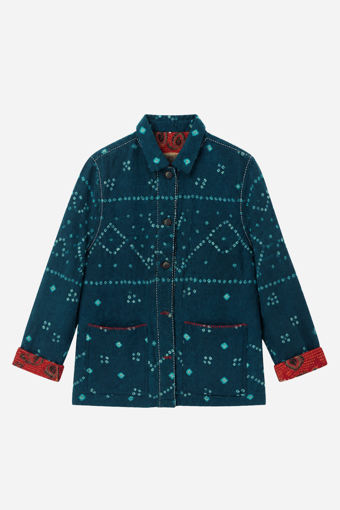 Handwoven Acrylic Bandhini Shacket — Turquoise Blue