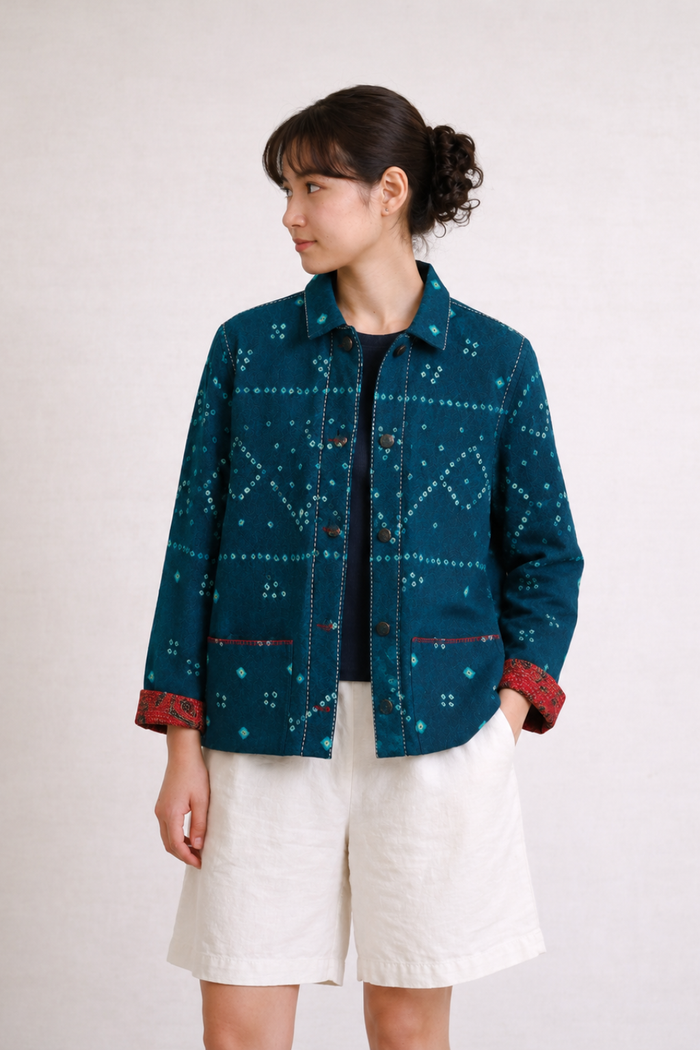 Handwoven Acrylic Bandhini Shacket — Turquoise Blue