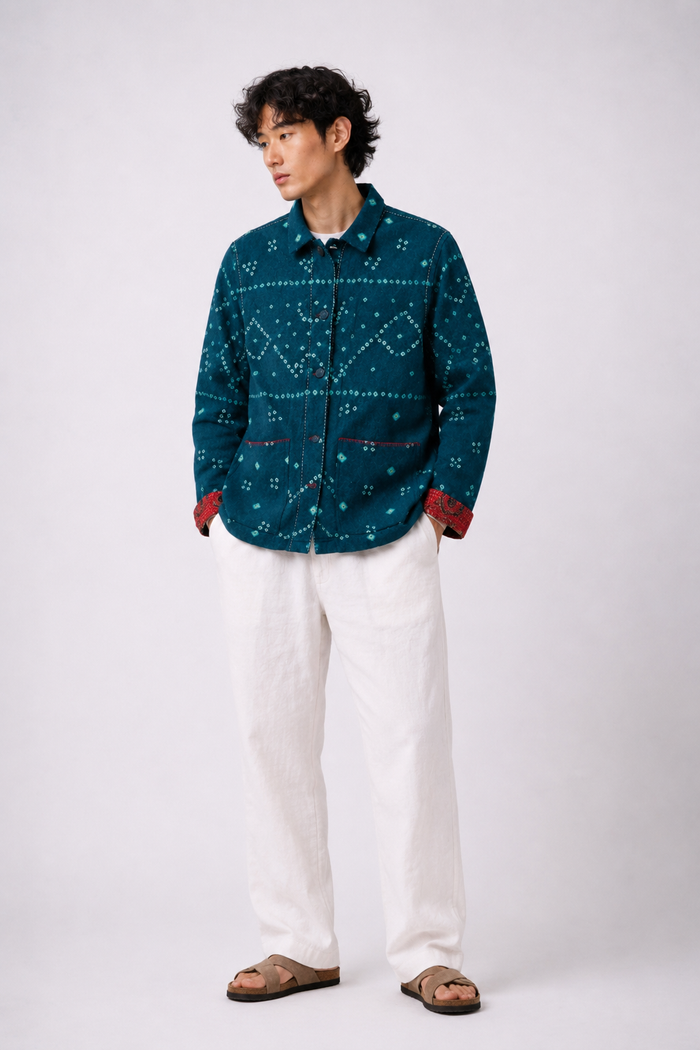 Handwoven Acrylic Bandhini Shacket — Turquoise Blue