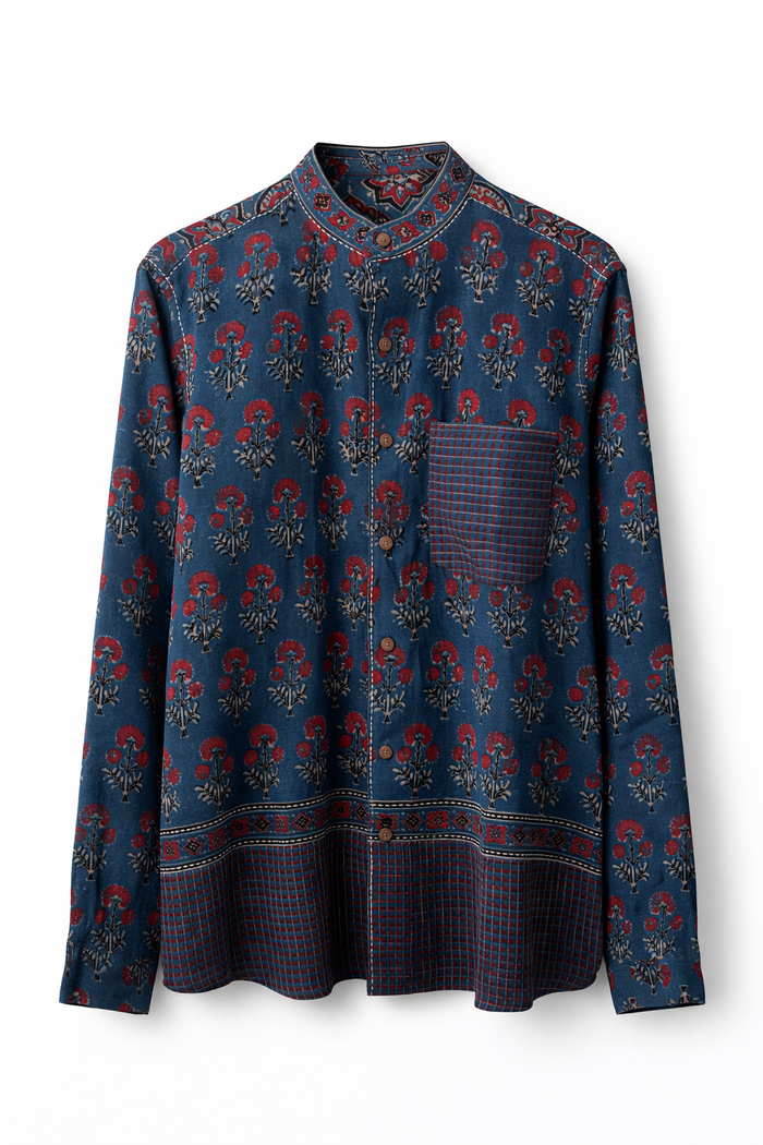 Handwoven Kala Cotton Ajrakh Unisex Shirt - Indigo