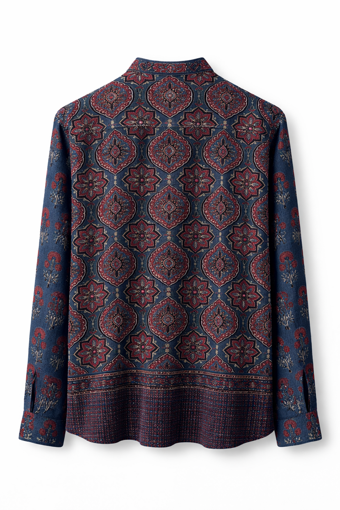 Handwoven Kala Cotton Ajrakh Unisex Shirt - Indigo