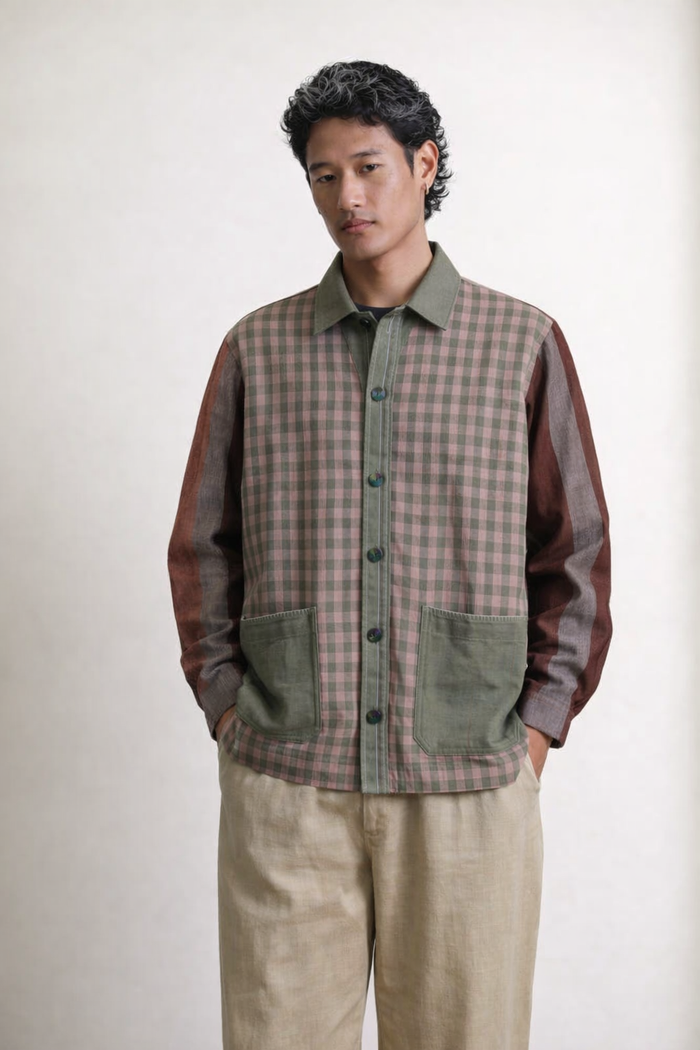 Handwoven Kala Cotton Shacket - moss green + brown