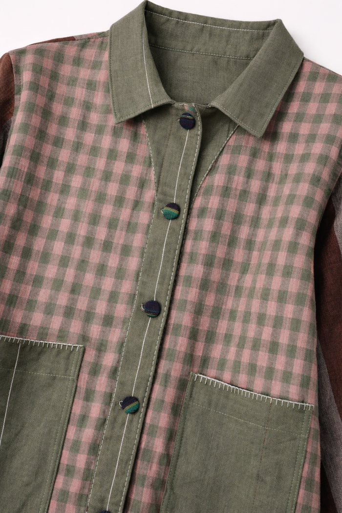 Handwoven Kala Cotton Shacket - moss green + brown