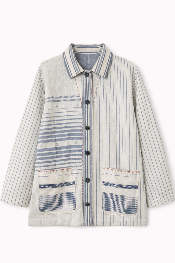 Handwoven Kala Cotton Shacket - White and Indigo