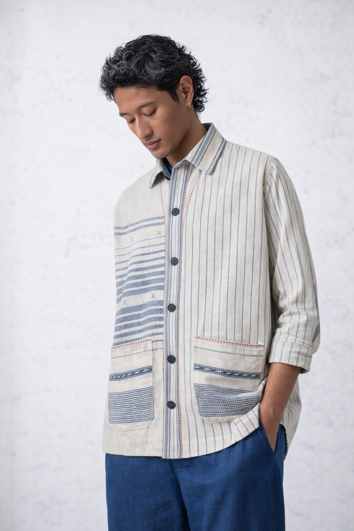 Handwoven Kala Cotton Shacket - White and Indigo