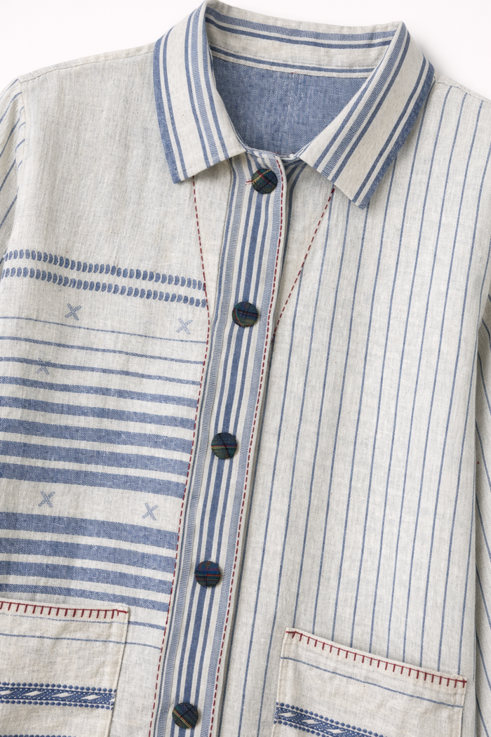 Handwoven Kala Cotton Shacket - White and Indigo