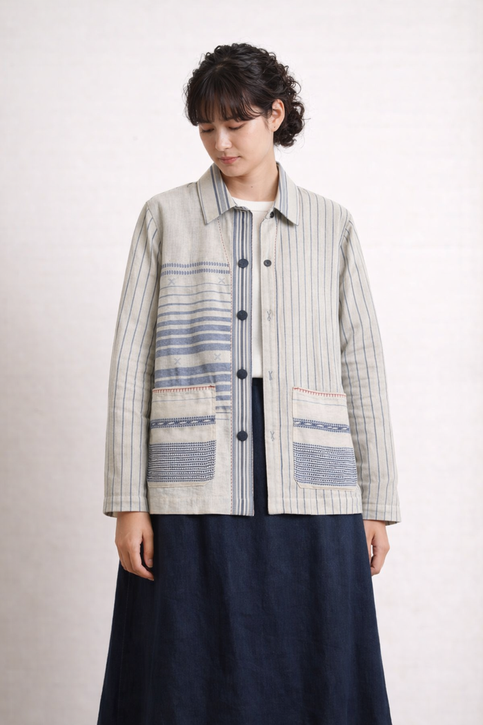 Handwoven Kala Cotton Shacket - White and Indigo