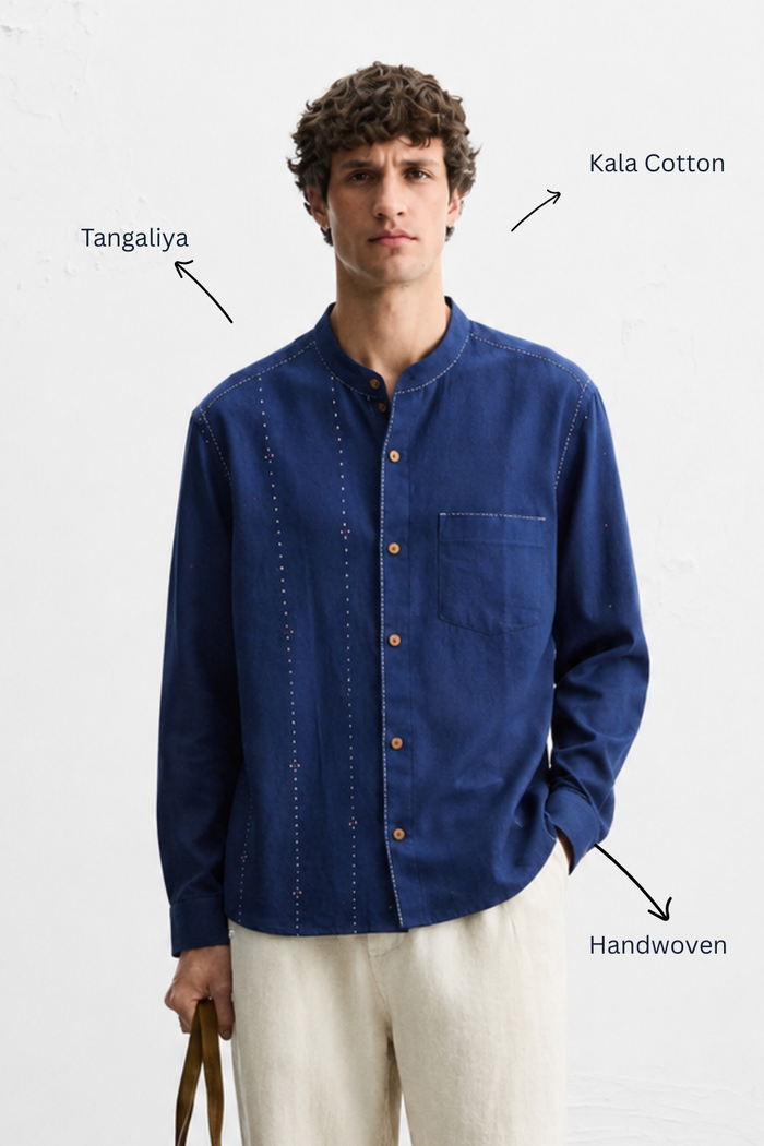 Handwoven Kala Cotton Tangaliya Unisex Shirt — Indigo