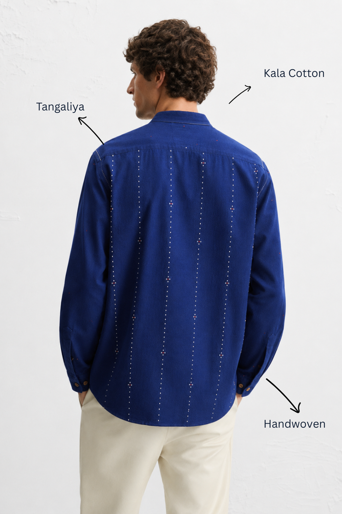 Handwoven Kala Cotton Tangaliya Unisex Shirt — Indigo