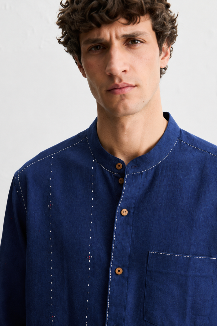 Handwoven Kala Cotton Tangaliya Unisex Shirt — Indigo