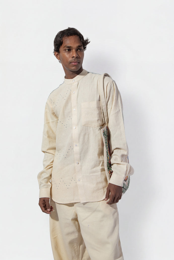 Handwoven Tangaliya Kala Cotton Unisex Shirt - White | Geometric