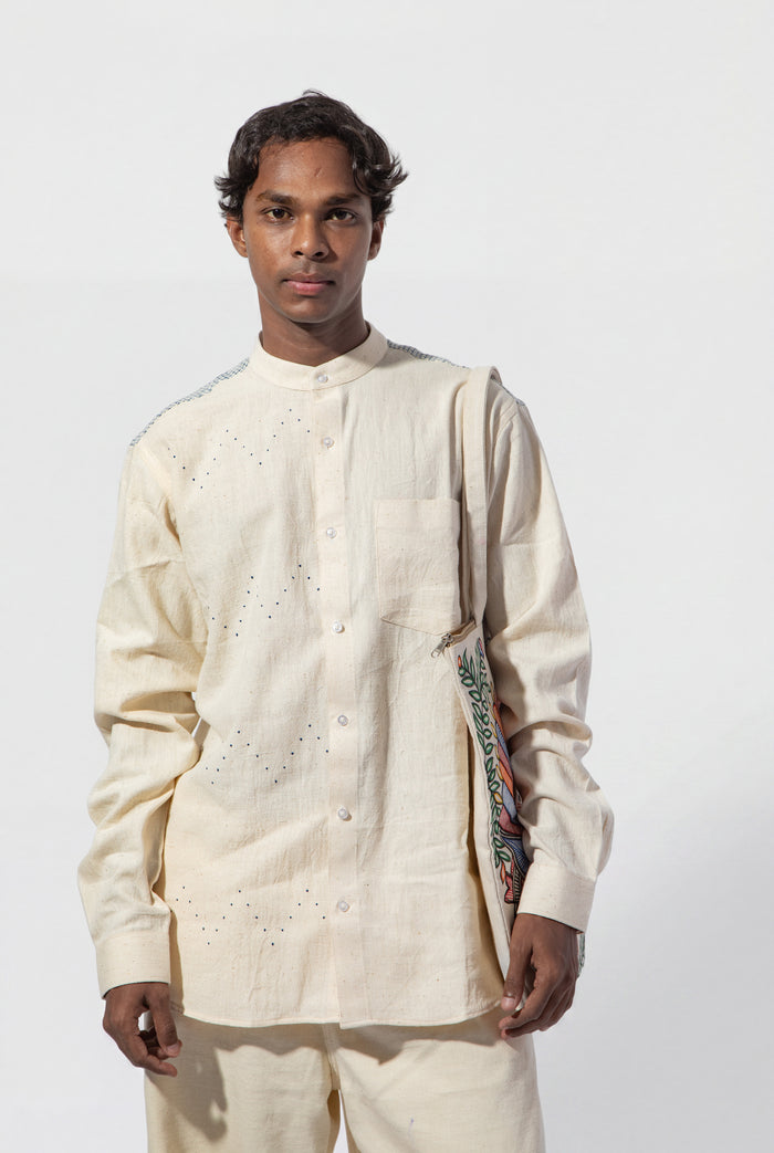 Handwoven Tangaliya Kala Cotton Unisex Shirt - White | Geometric